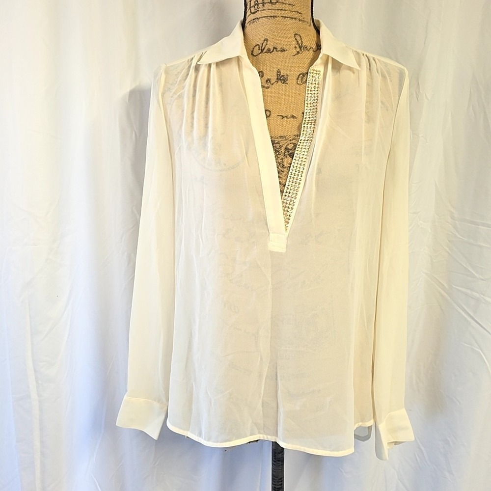 Jennifer Lopez Womens sz S Top Ivory Sheer Studded V Neck Elegant‎ Soft Long Slv
